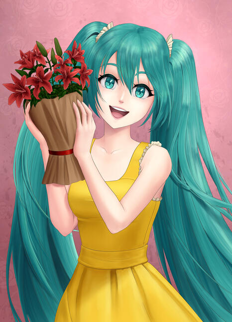 An illustration of Hatsune Miku wearing a yellow sundress and holding a bouquet of red lilies. She is smiling at the viewer - perhaps because the viewer is the one who gave her the bouquet? Her hair and dress are being blown by a gentle breeze. The backgro