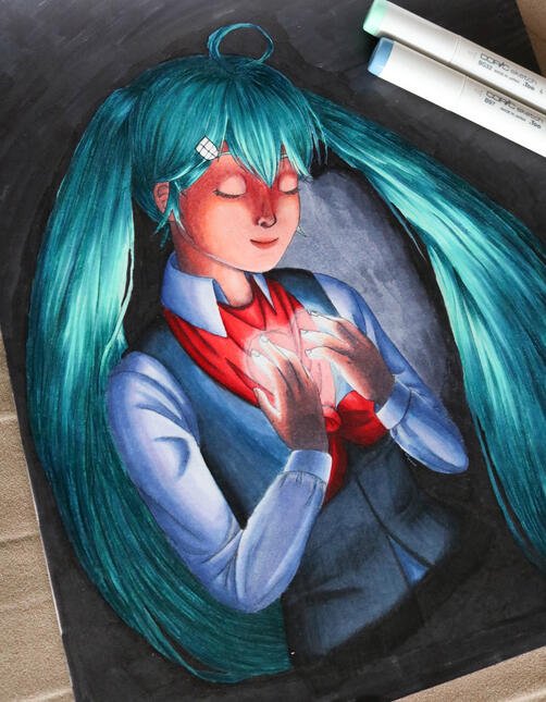 Bright Spark - Miku in the darkness, holding a heart-shaped light to her chest