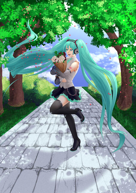 Miku - A Beautiful Gift - Miku dancing along a park path, holding a bouquet. Flower petals are scattering everywhere.
