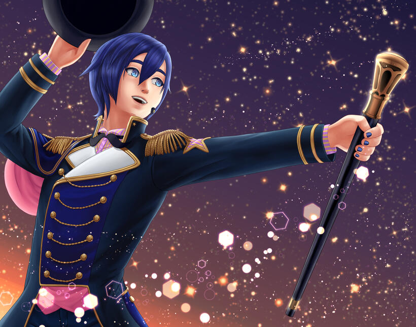 Happy 17th Birthday KAITO! 2023. A drawing of Kaito in his Wonderlands Showtime outfit from Project Sekai. He is holding out a baton in one hand, and a top hat in the other, looking off into the distance as though ushering in an unseen performer.