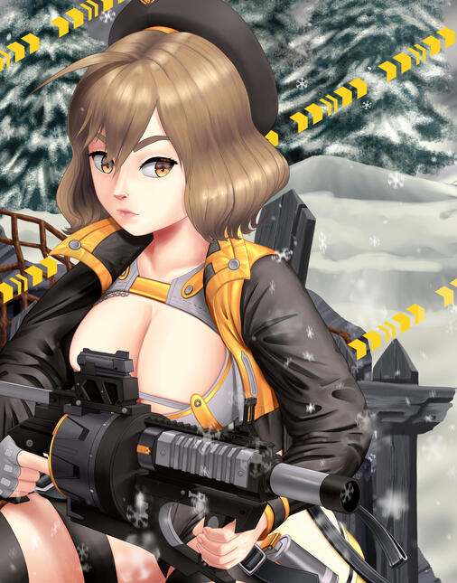 Anis from Nikke: Goddess of Victory. She is crouched behind debris in a snowy field, holding her grenade launcher as though she is about to start shooting.