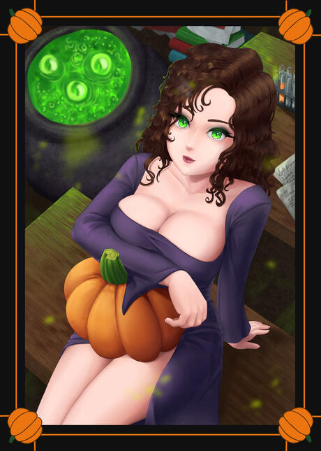 An illustration of a busty witch, sitting in her lab with a pumpkin on her lap. Her cauldron, full of green liquid, is bubbling away and casting a green light over everything. Behind her are vials of mystery liquid and paper strewn about. Her eyes are the