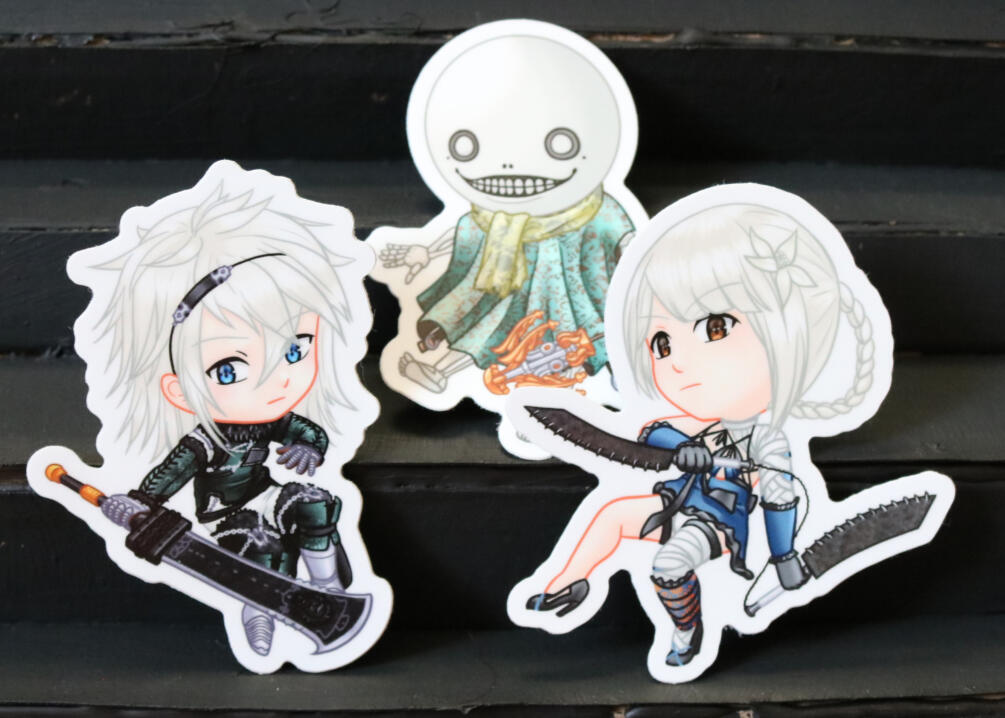 NieR: Replicant 3&quot; vinyl stickers, featuring Kaine, Brother NieR, and Emil