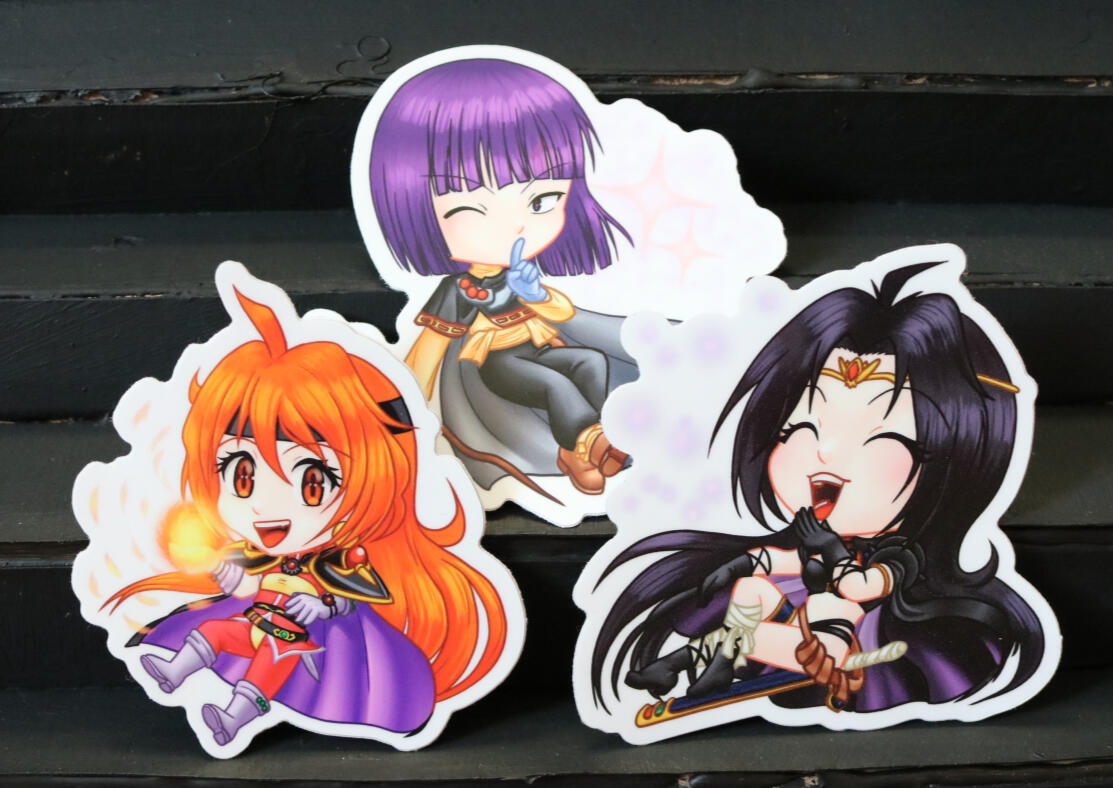 Slayers 3" vinyl stickers featuring Lina Inverse, Naga the Serpent, and Xelloss Metallum
